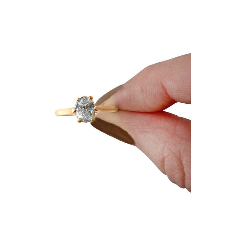 Anel Solitário Oval Em Prata 925 Dourada 18k - Zircônia