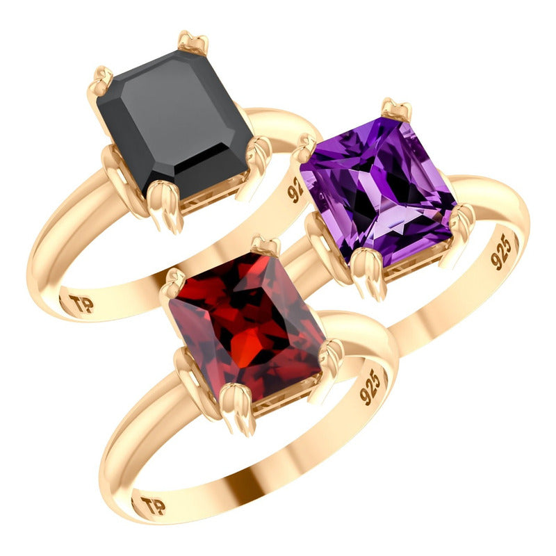 3x Anel Vintage Prata 925 Dourada 18k- Ametista Ônix Granada