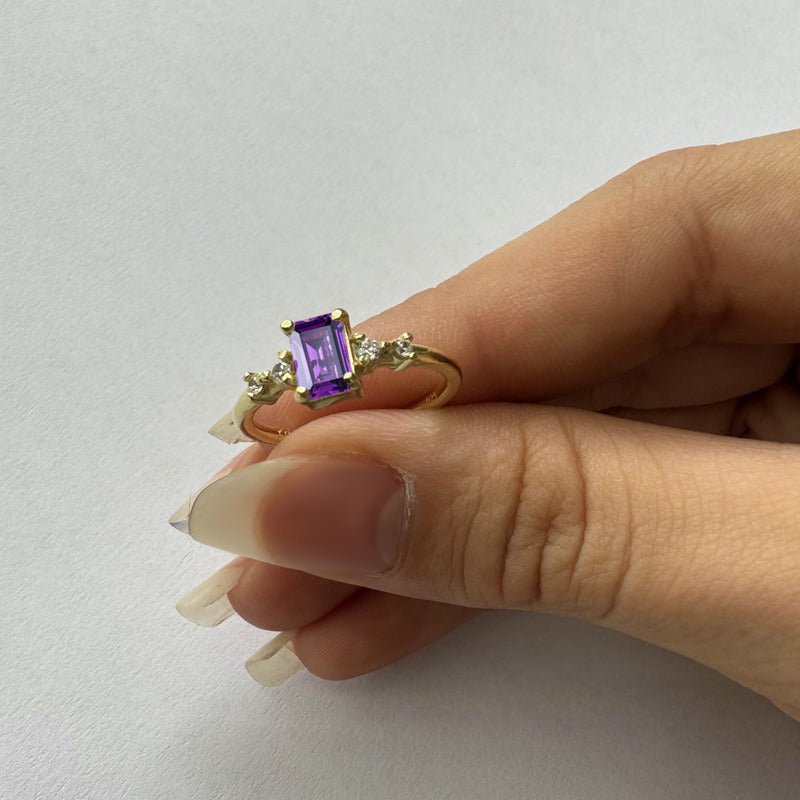 Anel Viena Retangular Prata 925 Dourada 18k - Ametista