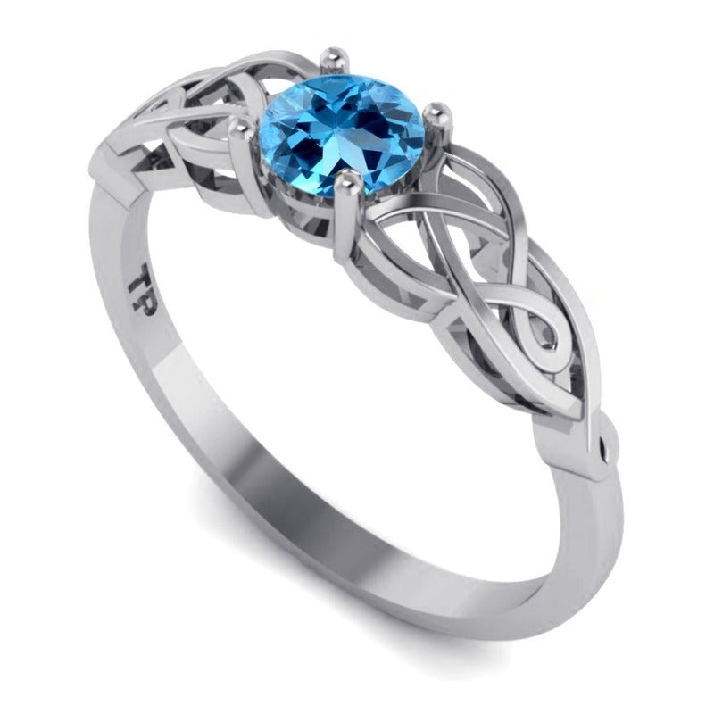 Anel Solitário Celta Knot Prata 925 Topázio Azul - Exclusivo