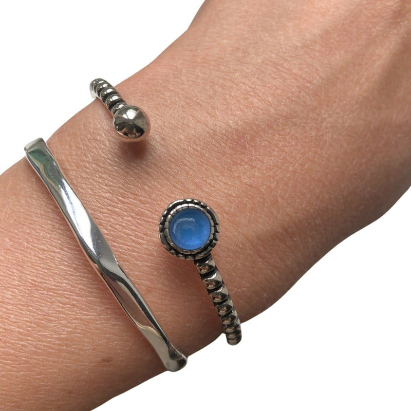 Pulseira Bracelete Topázio Azul Rígido Prata 925 - Unissex