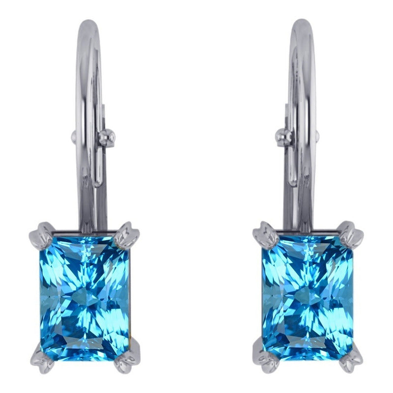 Brinco Trava Pura Prata 925 Azul Topaz Retangular- Exclusivo - Compre Joias Direto Da Fábrica E Economize Dinheiro