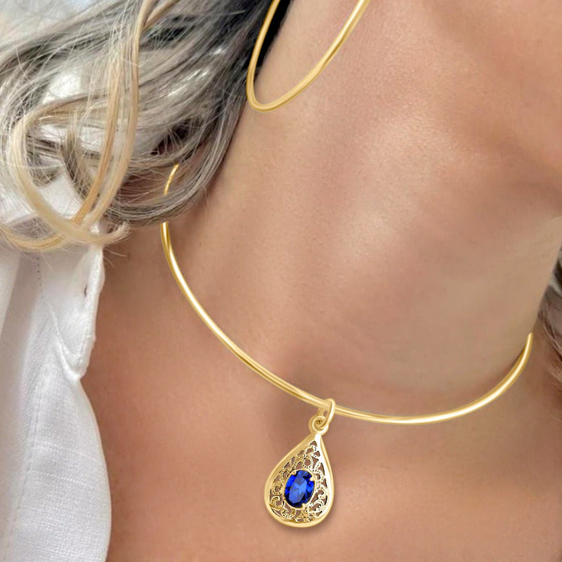 Colar Choker Filigrana Prata 925 Dourada 18k - Safira Gota