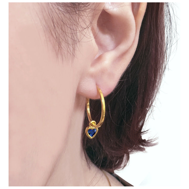 Brinco Argola Prata 925 Dourada 18k Pingente Safira Coração