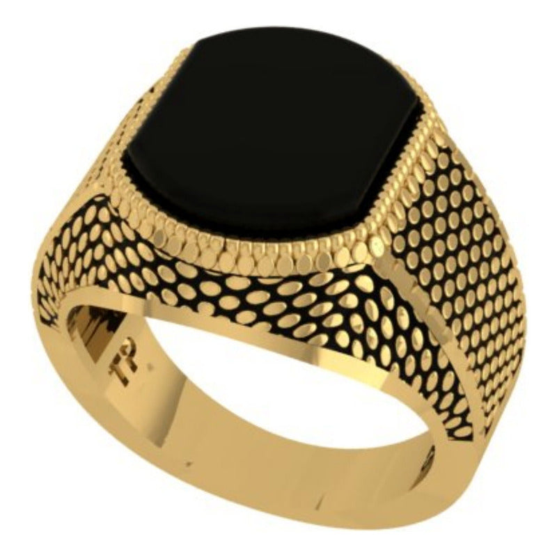 Anel Masculino Prata 925 Dourada Ouro 18k - Black Ônix