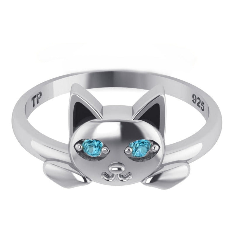 Anel Gatinho Olhos Coloridos Pura Prata 925 - Exclusivo