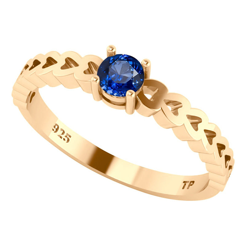 Anel Luxo Corações Prata 925 Dourada Ouro 18k Safira