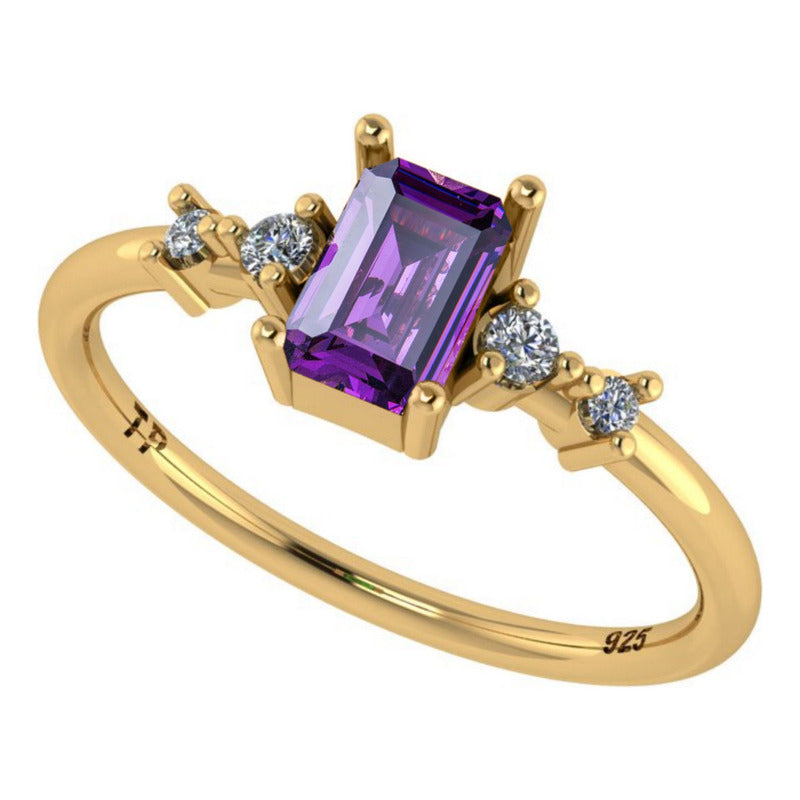 Anel Viena Retangular Prata 925 Dourada 18k - Ametista