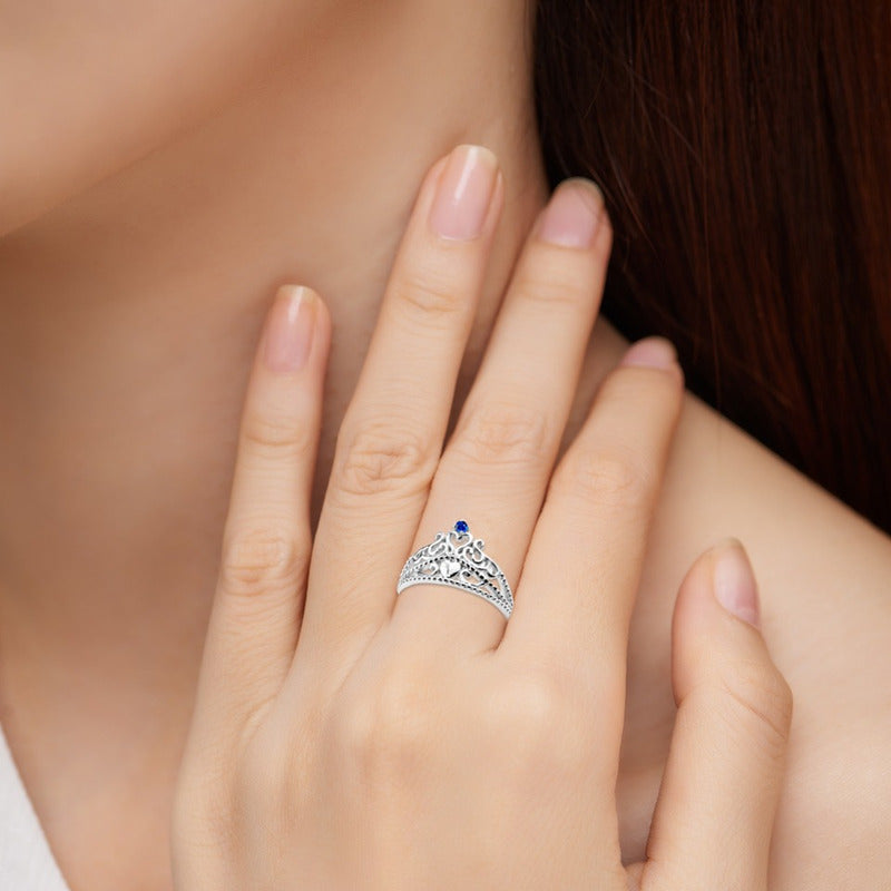 Anel Tiara Princesa Coração Prata 925 Safira - Exclusivo