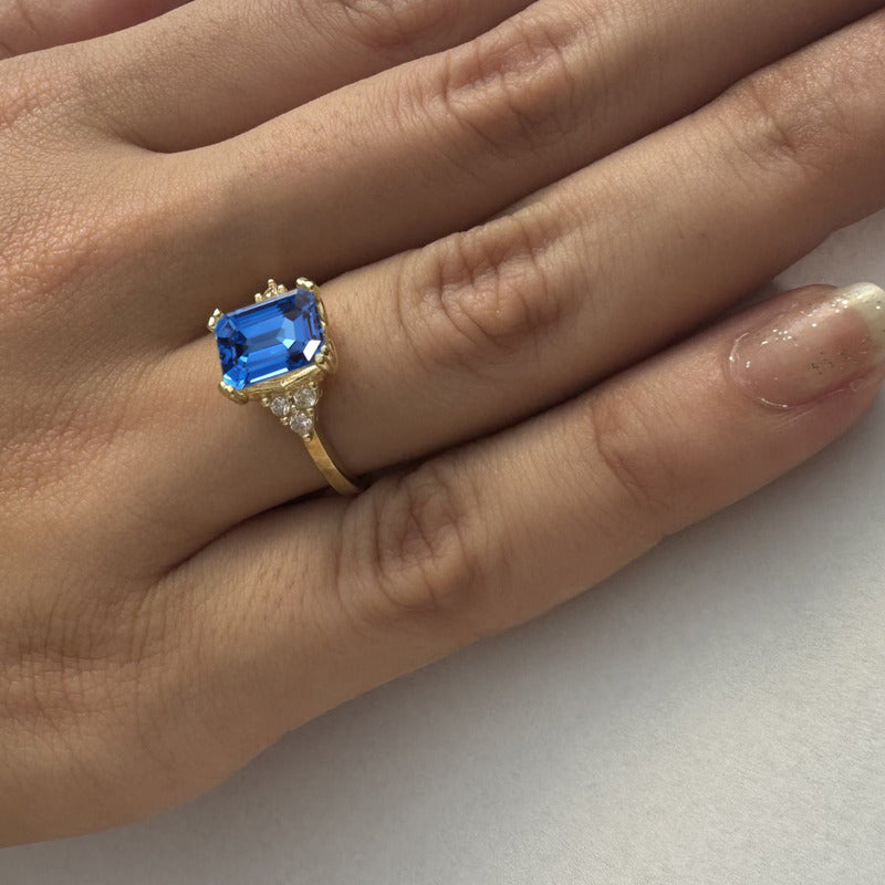 Anel Vintage Clássico Prata 925 Dourada 18k Safira