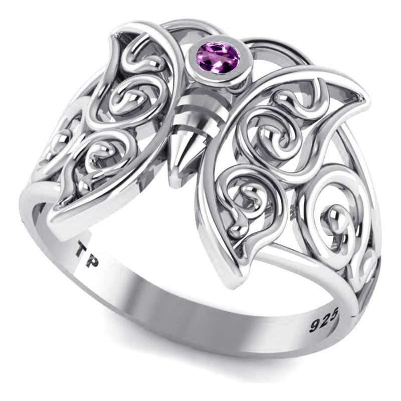 Anel Celta Borboleta Prata 925 Zirconia Roxa - Exclusivo