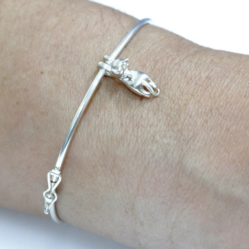 Pulseira Bracelete Rígido Prata 925 - Pingente Gatinho 19 Cm