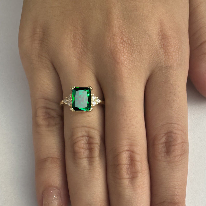 Anel Vintage Clássico Prata 925 Dourada Ouro 18k Esmeralda