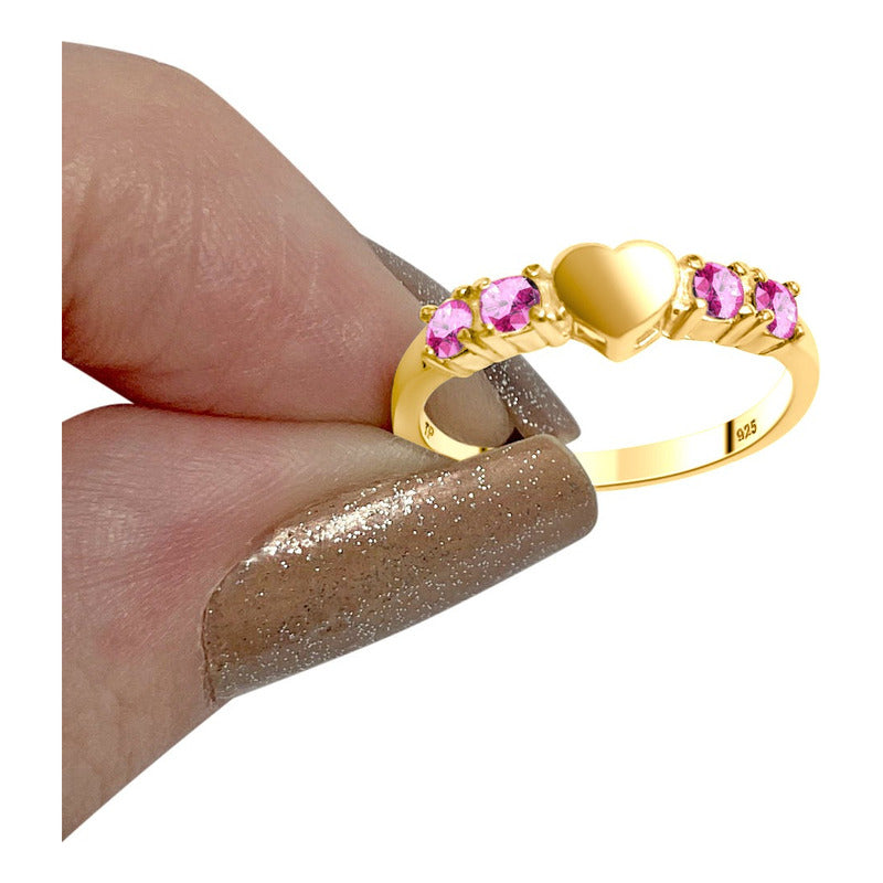 Anel Coração Sólido Prata 925 Dourada 18k - Zircônias Rosa