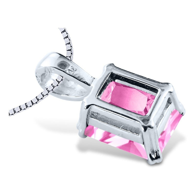 Colar Prata 925 Retangular Safira Rosa - Exclusivo