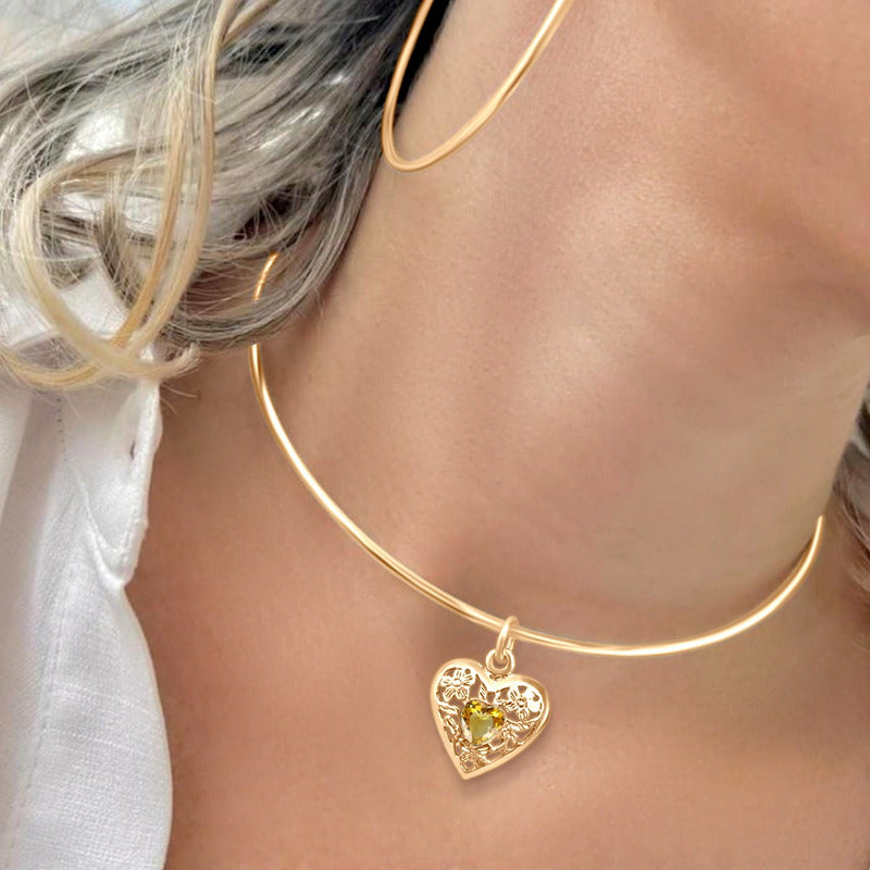 Colar Choker Citrino Coração Filigrana Prata 925 Dourada 18k