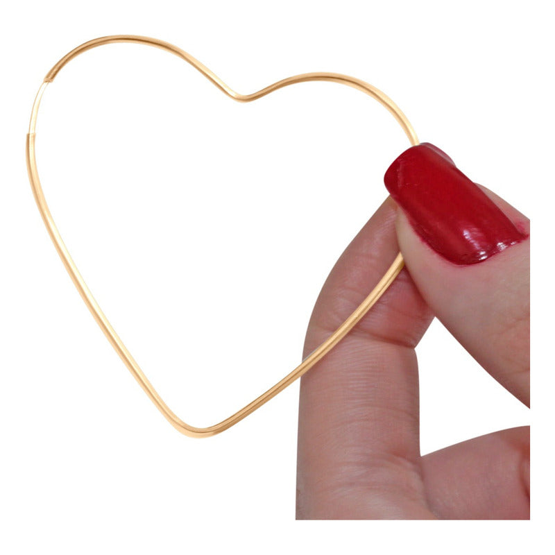 Brinco Argola Coração De Prata 925 Dourada Ouro 18k - 5cm