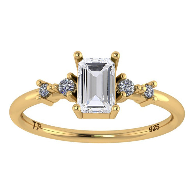 Anel Viena Retangular Prata 925 Dourada 18k - Zircônia