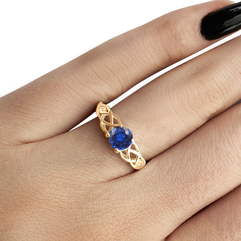 Anel Solitário Celta Knot Prata 925 Dourada 18k - Safira