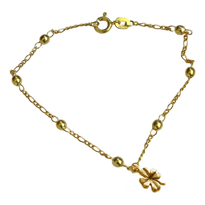 Pulseira Prata 925 Dourada 18k Trevo Da Sorte Bolinha 3mm