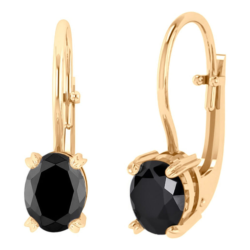 Brinco Trava Pura Prata 925 Dourada 18k - Black Ônix Oval