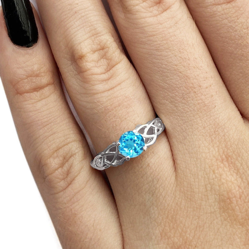 Anel Solitário Celta Knot Prata 925 Topázio Azul - Exclusivo