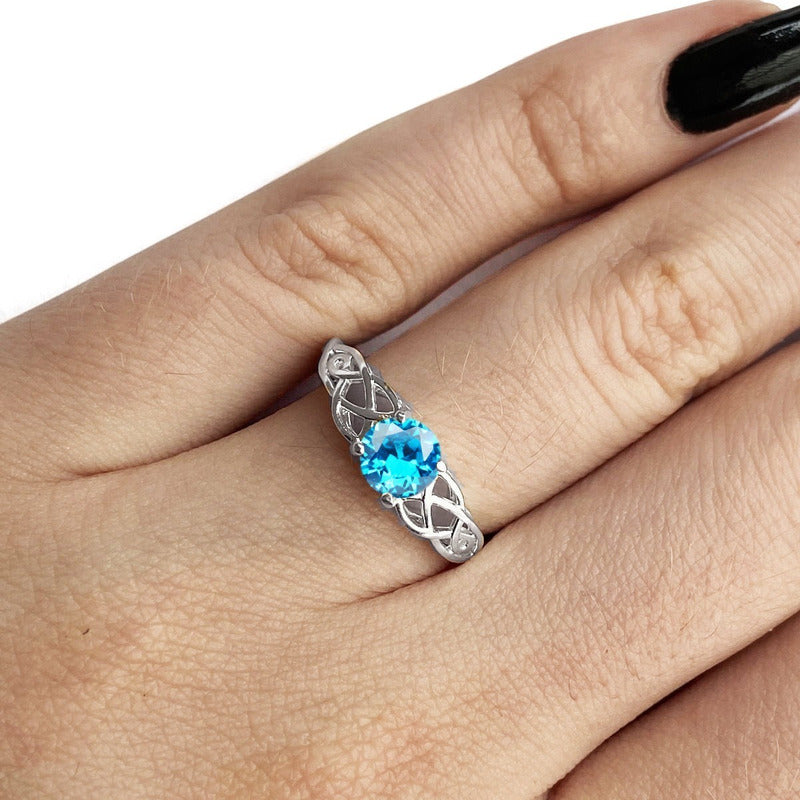 Anel Solitário Celta Knot Prata 925 Topázio Azul - Exclusivo