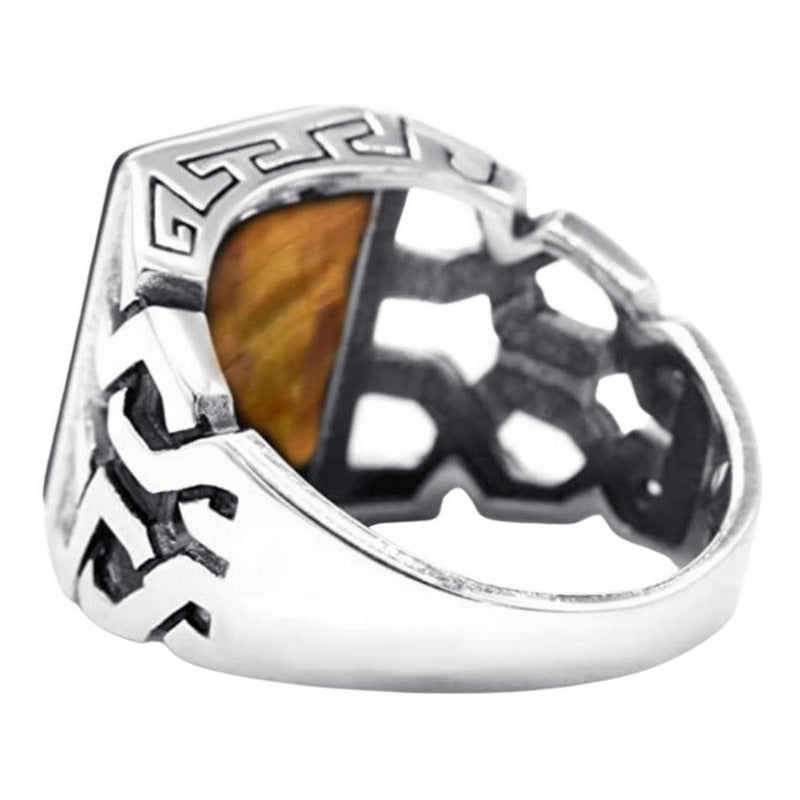 Anel Masculino Prata 925 Olho De Tigre Elos Esculpidos