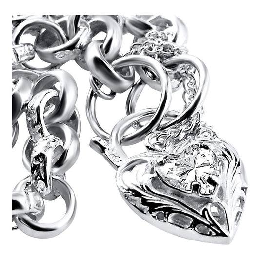 Pulseira Prata 925 Elo Português Zircônia - Fecho Coração