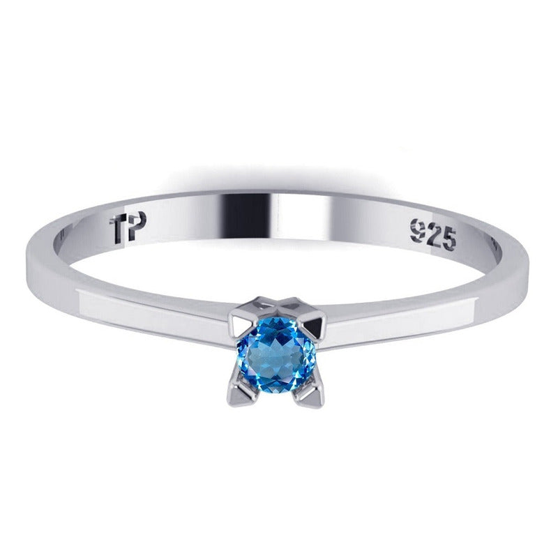 Anillo solitario de topacio azul en plata pura 925 - Mujer