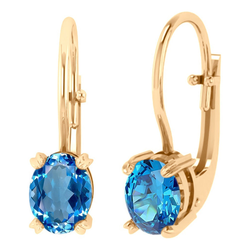 Brinco Trava Pura Prata 925 Dourada 18k - Topázio Azul Oval