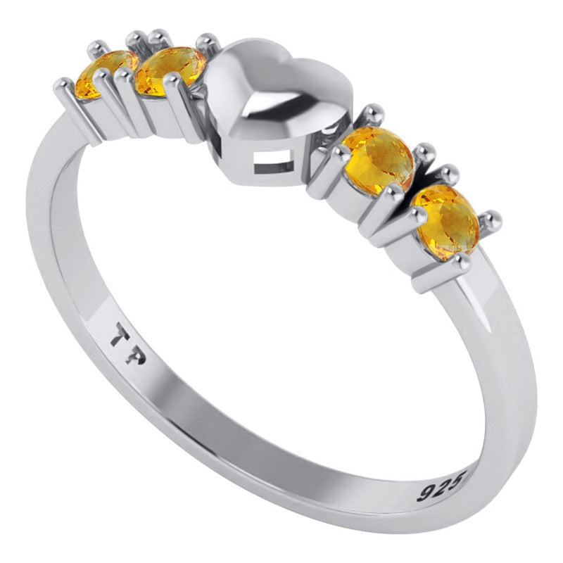 Solid Heart Ring In Pure 925 Silver - Citrine