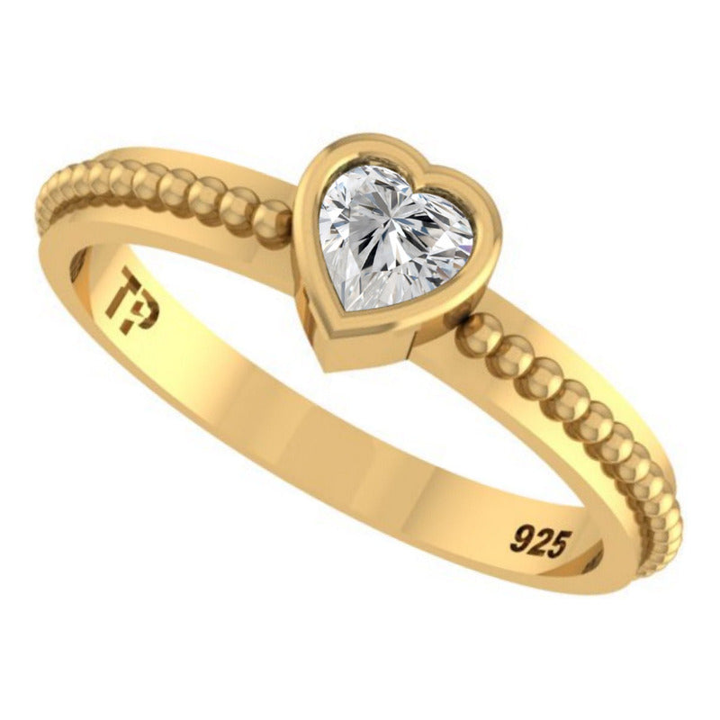 Anel Prata 925 Dourada 18k Solitário Coração - Zircônia