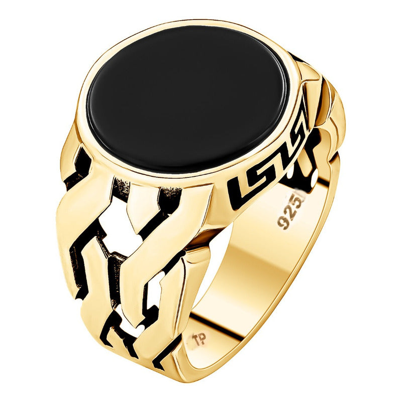 Anel Elos Redondo Prata 925 Dourada Ouro 18k - Black Onix