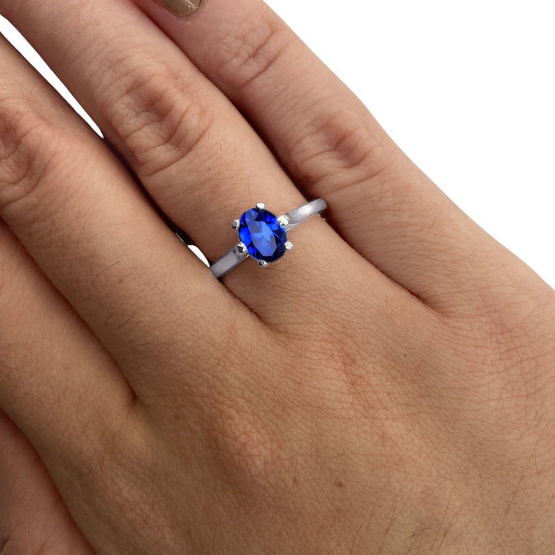 Anel Solitário Prata 925 Safira Azul Oval - Exclusivo