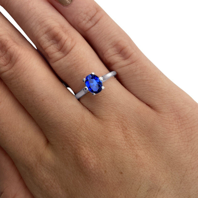 Anel Solitário Prata 925 Safira Azul Oval - Exclusivo