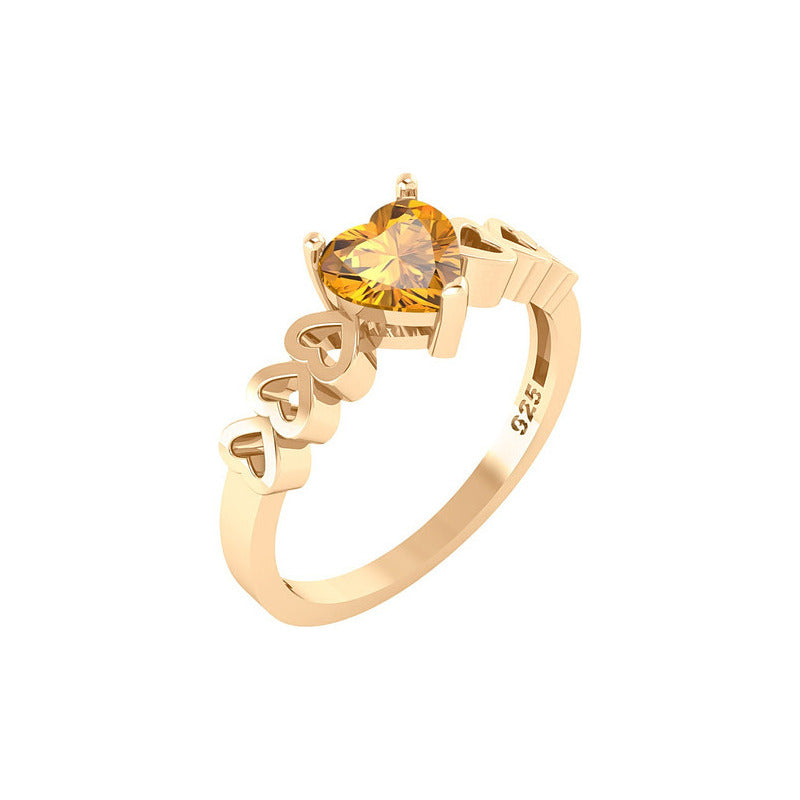 Anel Luxo Coração Prata 925 Dourada A Ouro 18k - Citrino