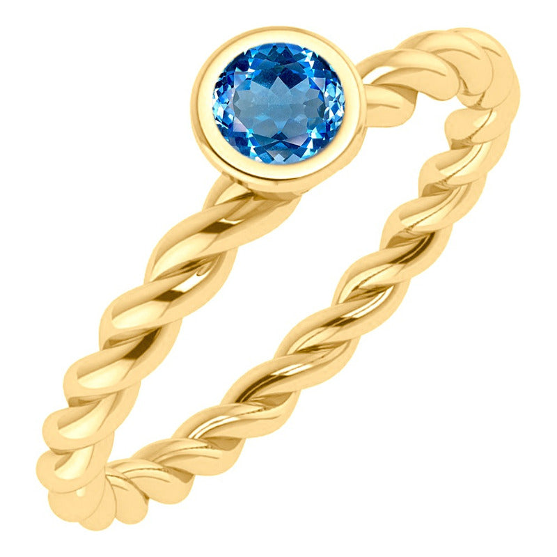 Anel Solitário Prata 925 Dourada 18k Torcido - Topázio Azul