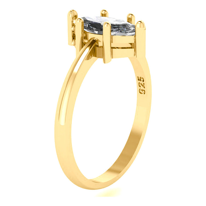 Anel Navete Prata 925 Dourada Ouro 18k - Zircônia