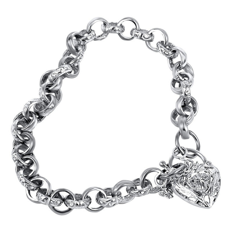 Pulseira Prata 925 Elo Português Zircônia - Fecho Coração