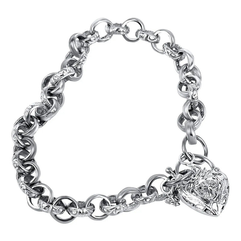 Pulseira Prata 925 Elo Português Zircônia - Fecho Coração