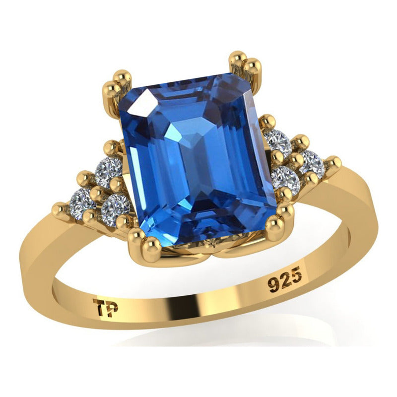 Anel Vintage Clássico Prata 925 Dourada 18k Safira