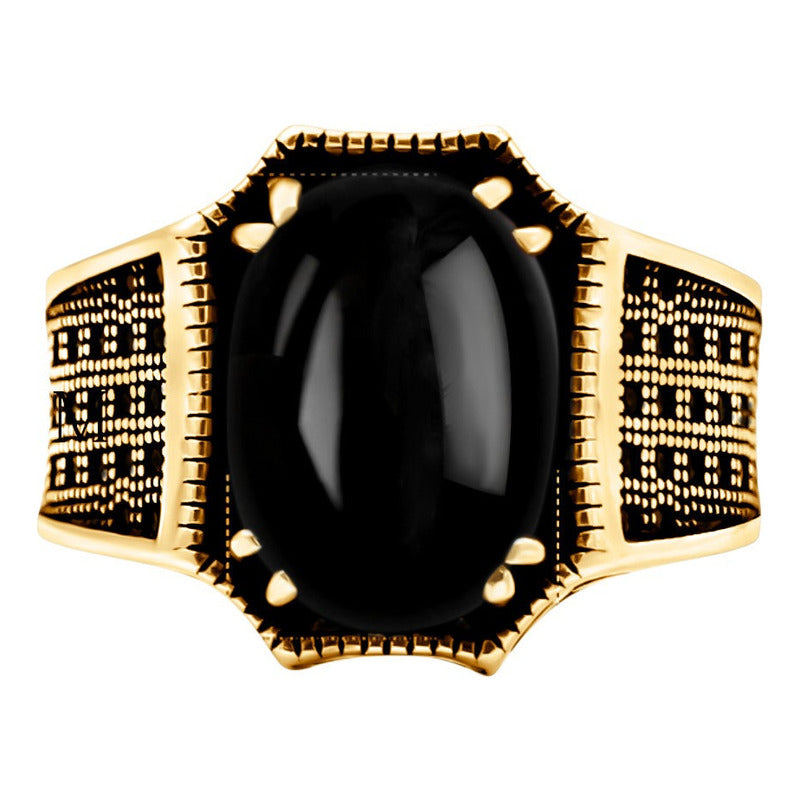 Anel Cabochão Prata 925 Dourada Ouro 18k- Black Ônix Natural