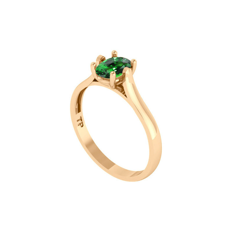 Anel Solitário Oval Em Prata 925 Dourada 18k - Esmeralda