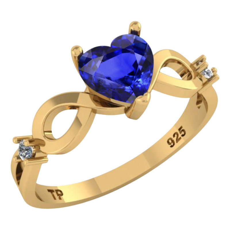 Anel Prata 925 Dourada 18k Infinito Amor Coração - Safira