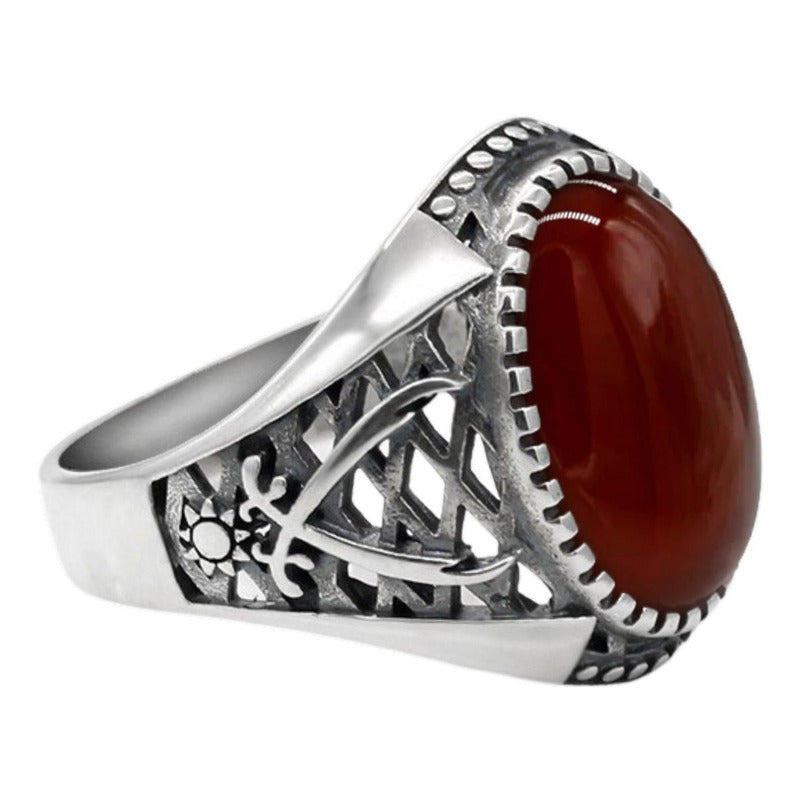 Anel Masculino De Prata 925 Oval Ágata Vermelha - Exclusivo