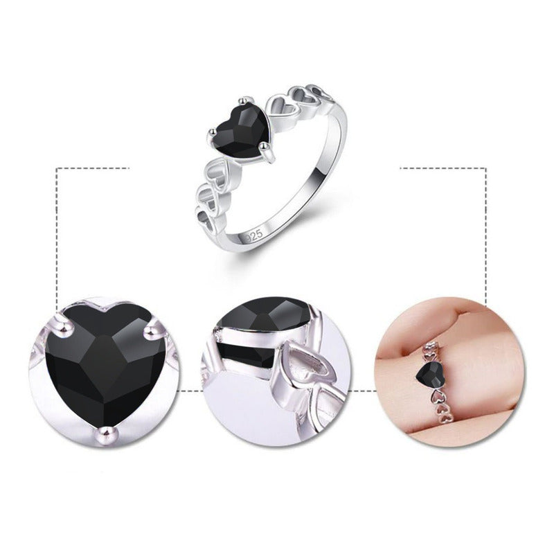 Anel Luxo Pura Prata 925 Black Onix Coração - Exclusivo