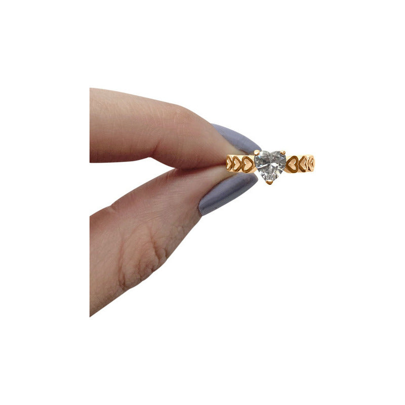 Anel Luxo Coração Prata 925 Dourada A Ouro 18k - Zircônia