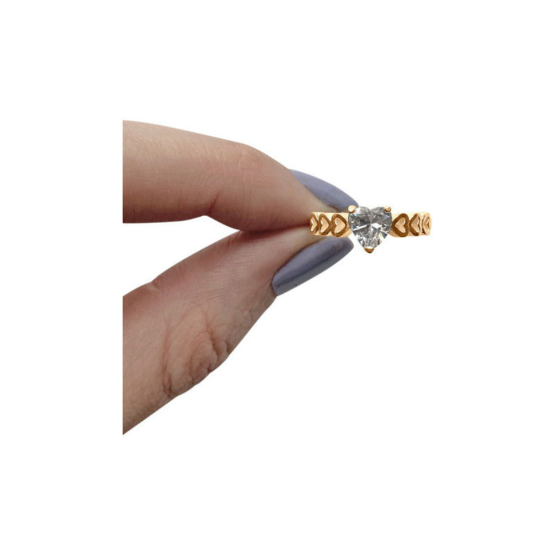 Anel Luxo Coração Prata 925 Dourada A Ouro 18k - Zircônia