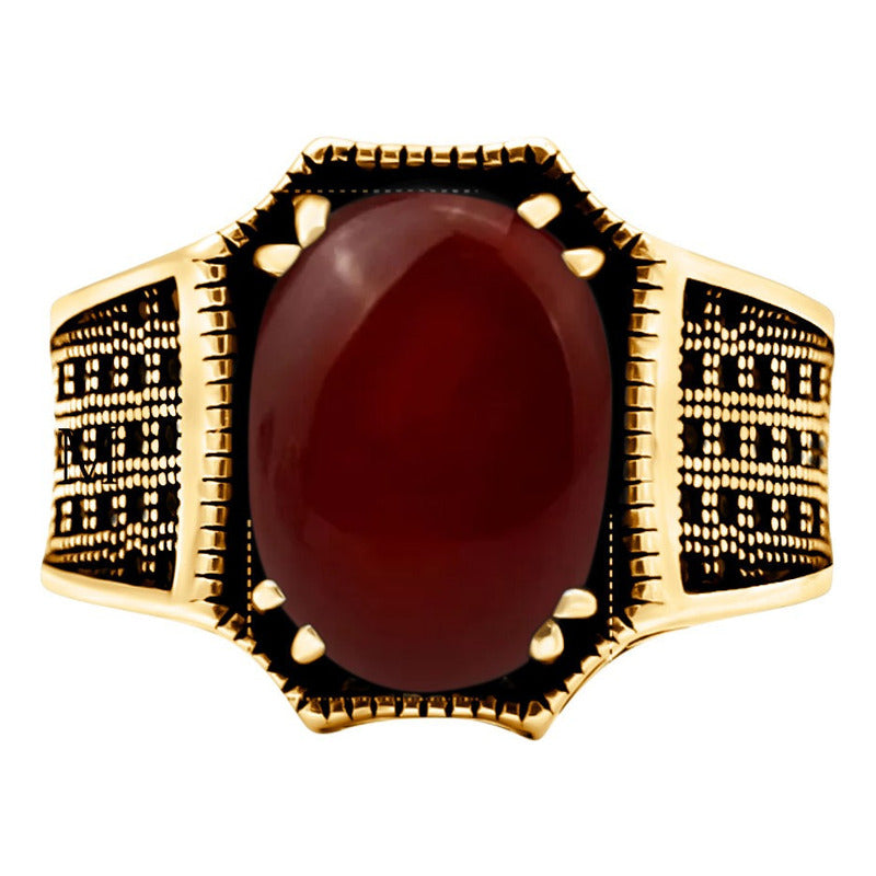 Anel Cabochão Prata 925 Dourada Ouro 18k - Ágata Vermelha